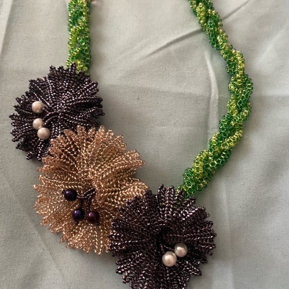 Vintage Artisan 14” Choker Necklace Beaded 2” Flowers On Multistrand Rope - Picture 2 of 5